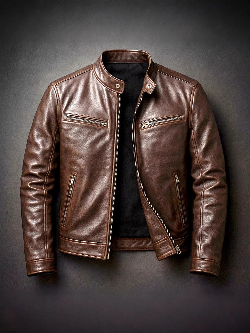 Mens PU Leather Stand Collar Jacket