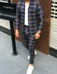 Men's Plaid Zipper Jacket and Pants Casual Sport Suit