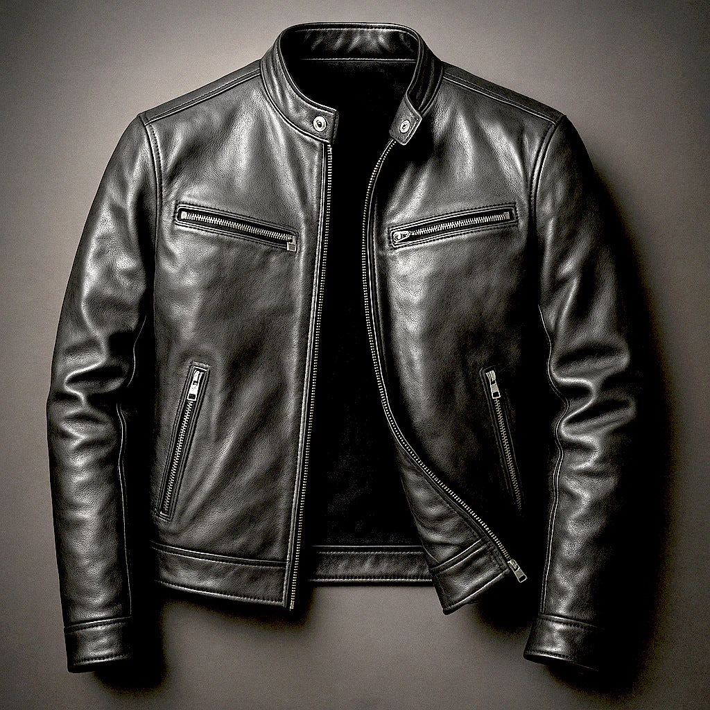 Mens PU Leather Stand Collar Jacket