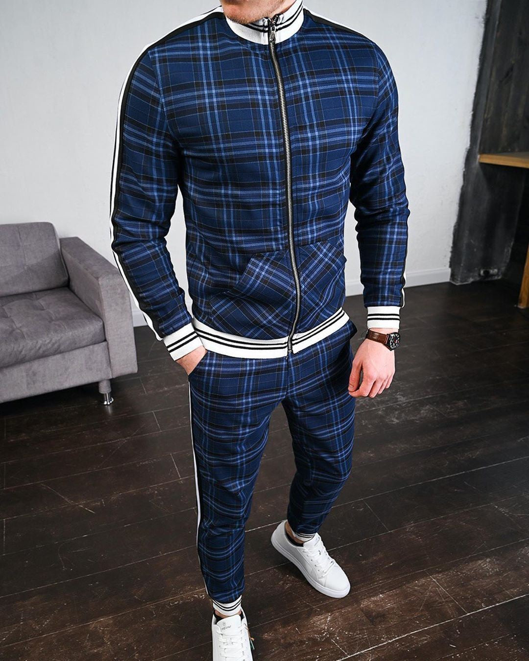 Men's Plaid Zipper Jacket and Pants Casual Sport Suit