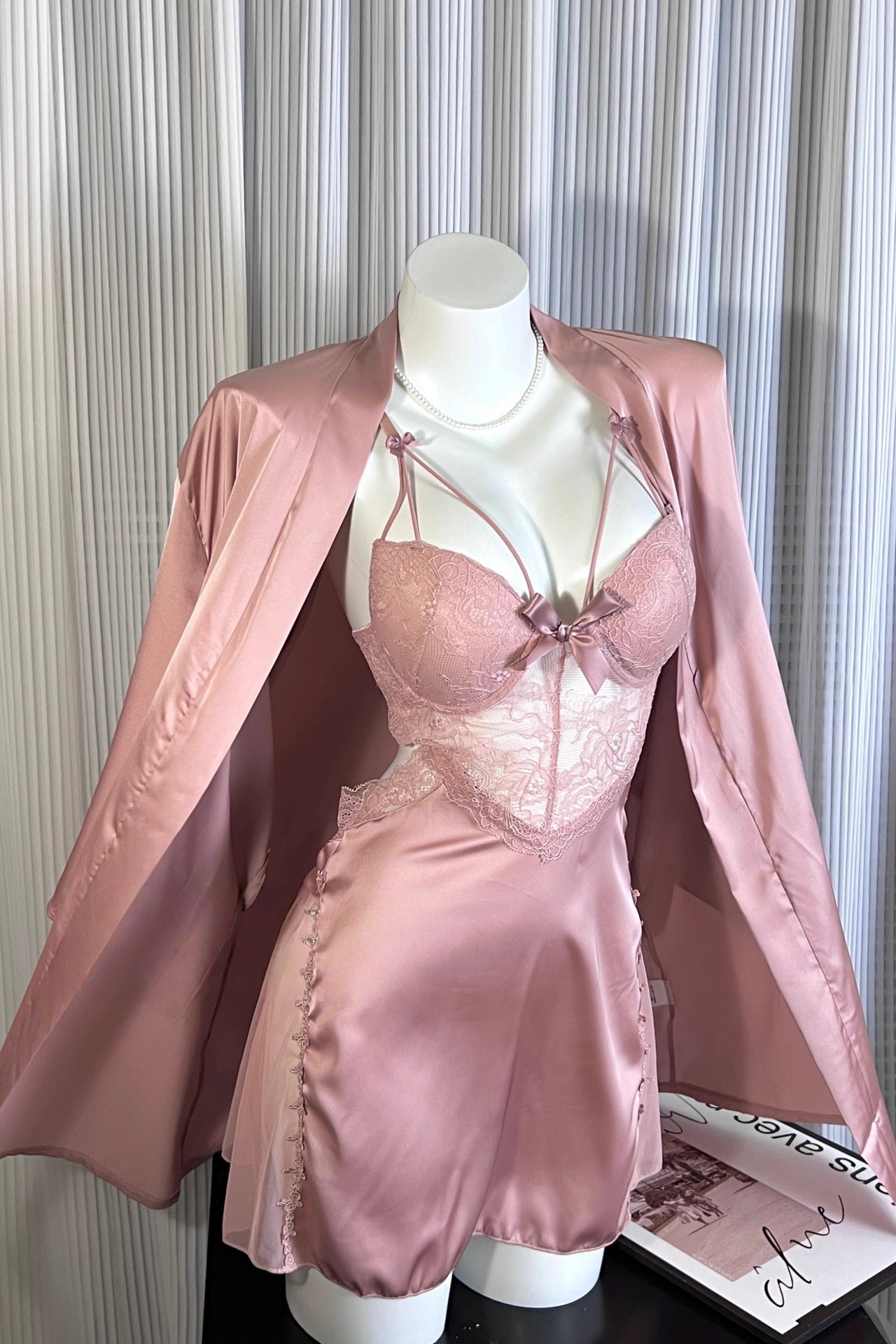 Lace Trim Ice Silk Pajama Set with Robe