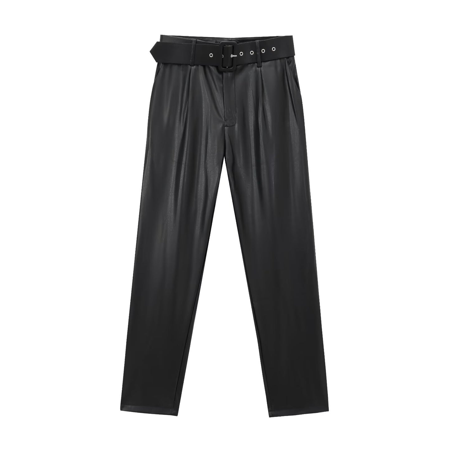Pantalones de cuero con cinturón y cintura alta para mujer 