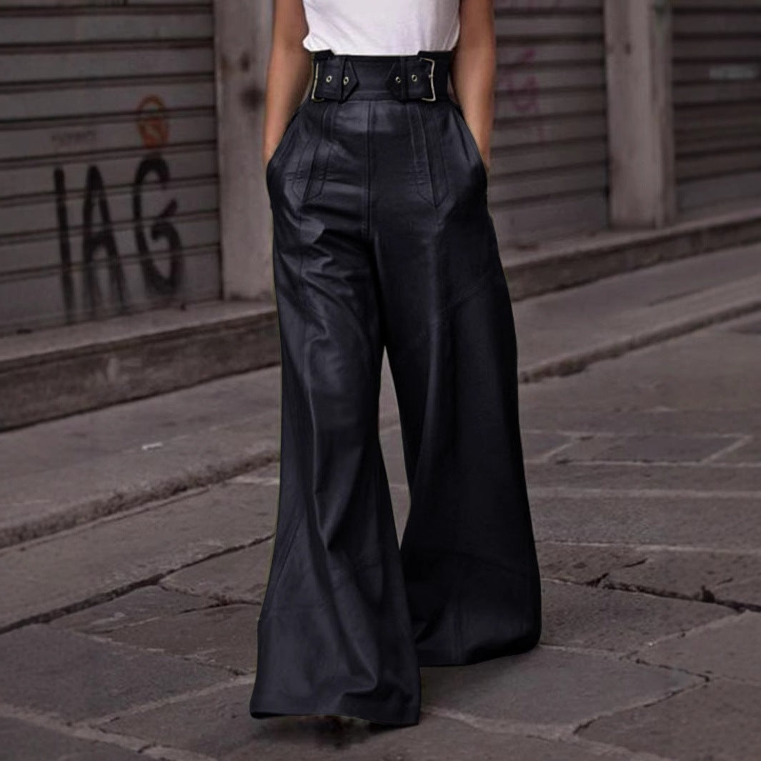 Pantalones de cuero PU acampanados de cintura alta 