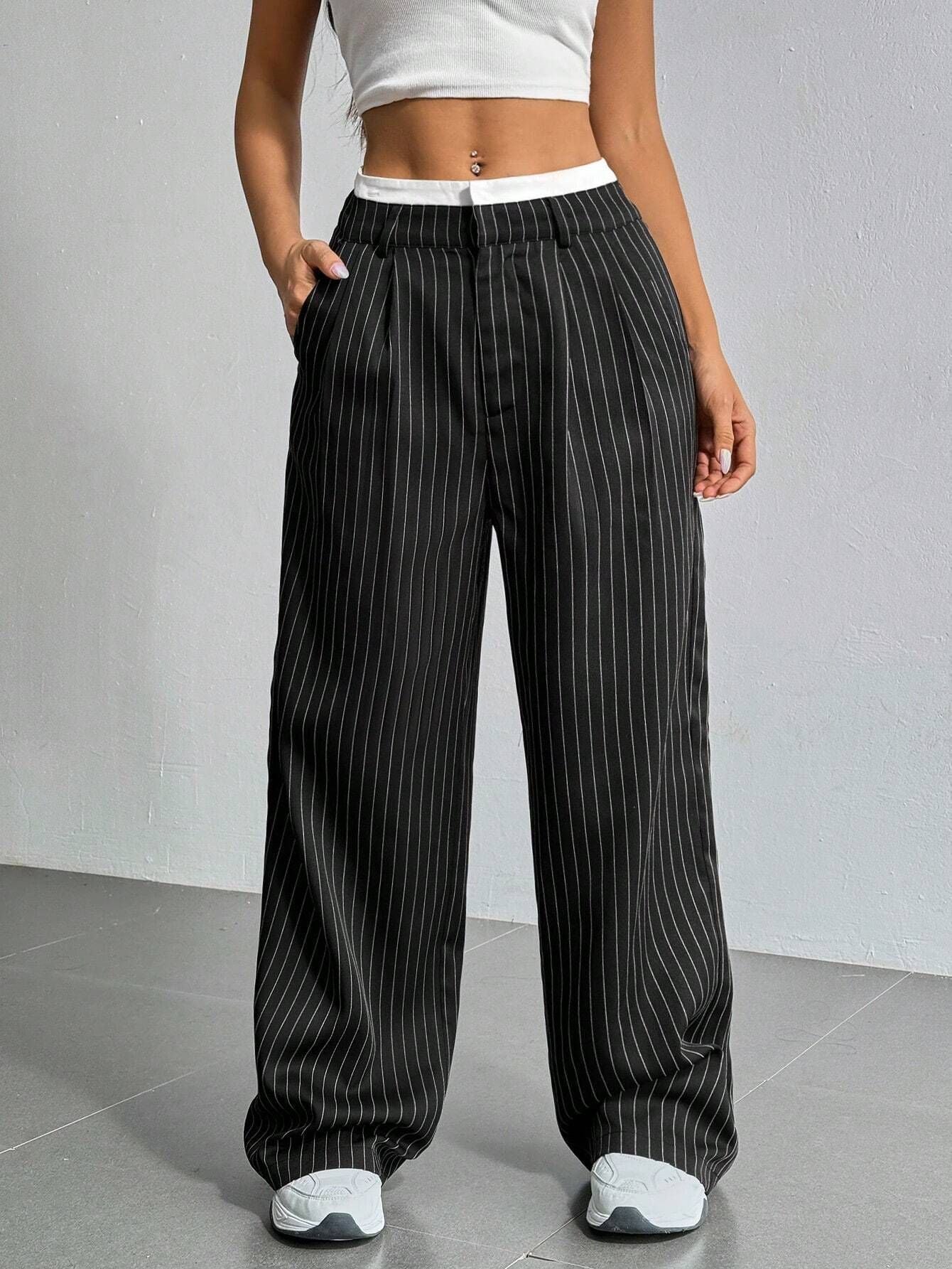 Pantalones de pernera recta a rayas de cintura alta