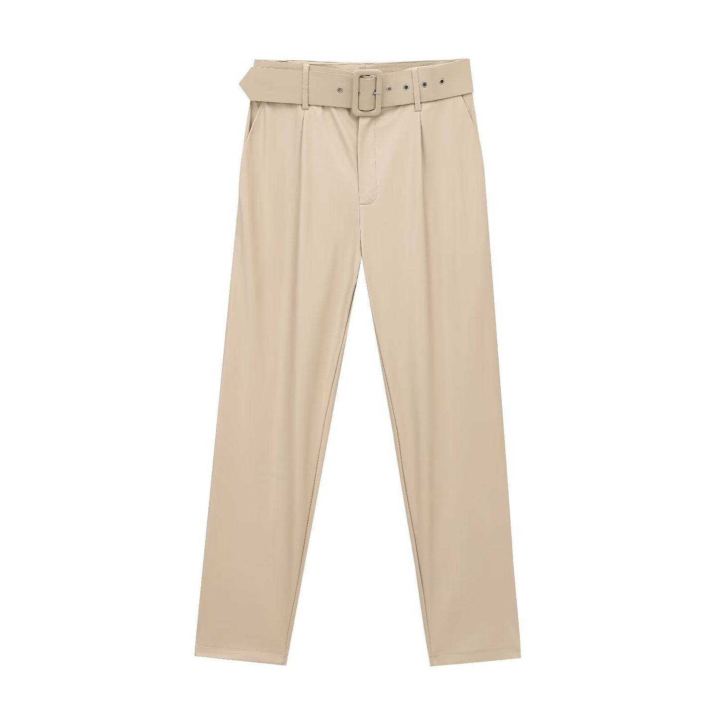 Pantalones de cuero con cinturón y cintura alta para mujer 