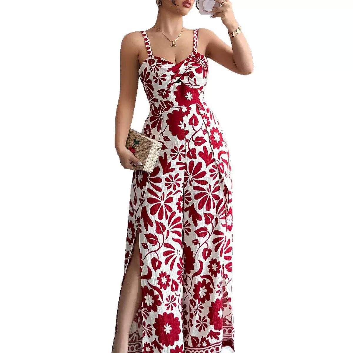 Elegant Printed Backless Wide-Leg Jumpsuit
