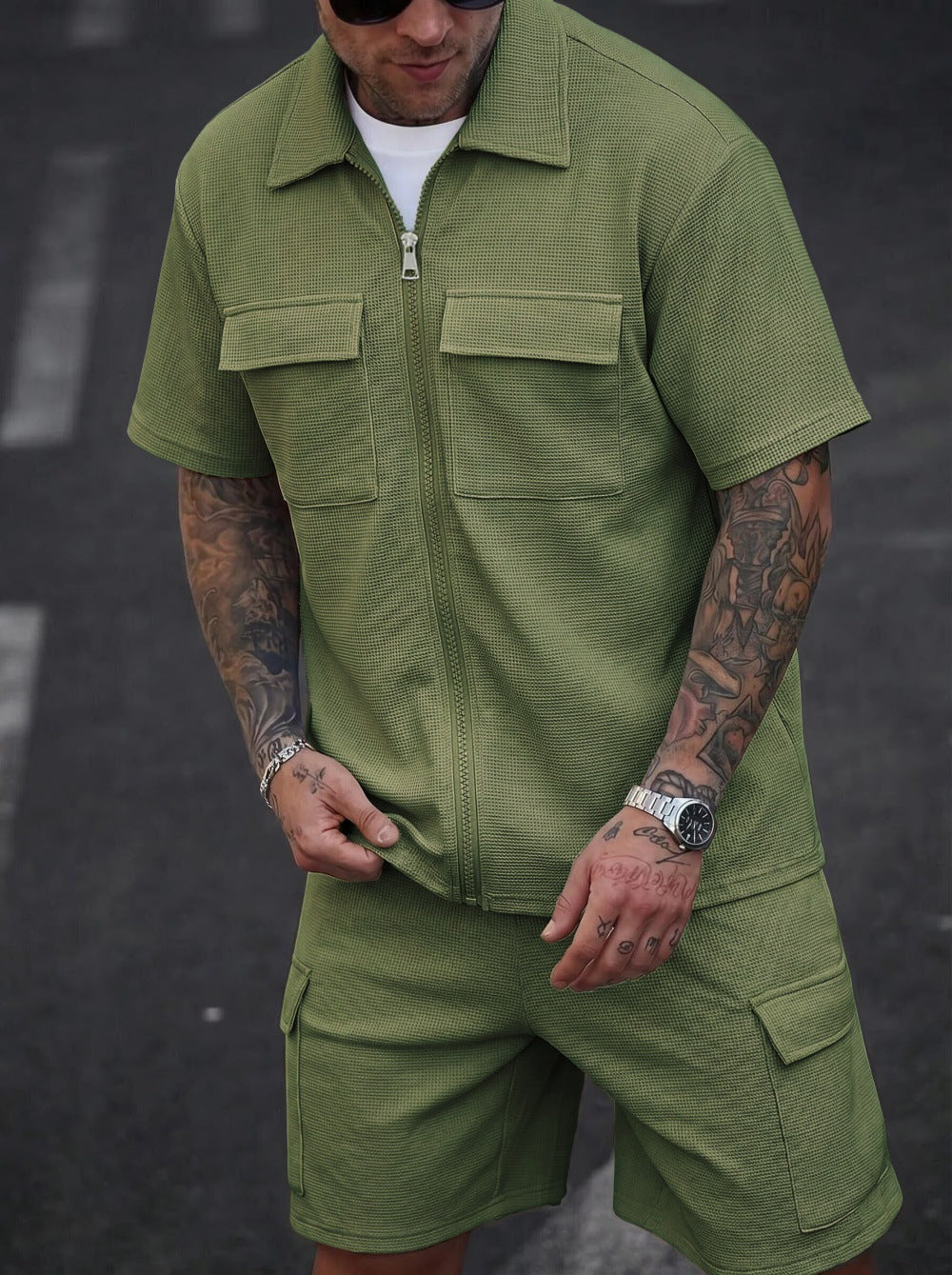 Mens Waffle Zipper Cardigan Shorts Set
