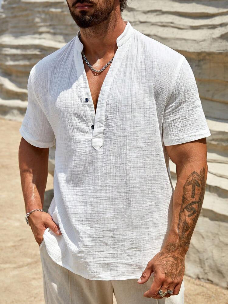 Solid color breathable stand collar short-sleeved shirt