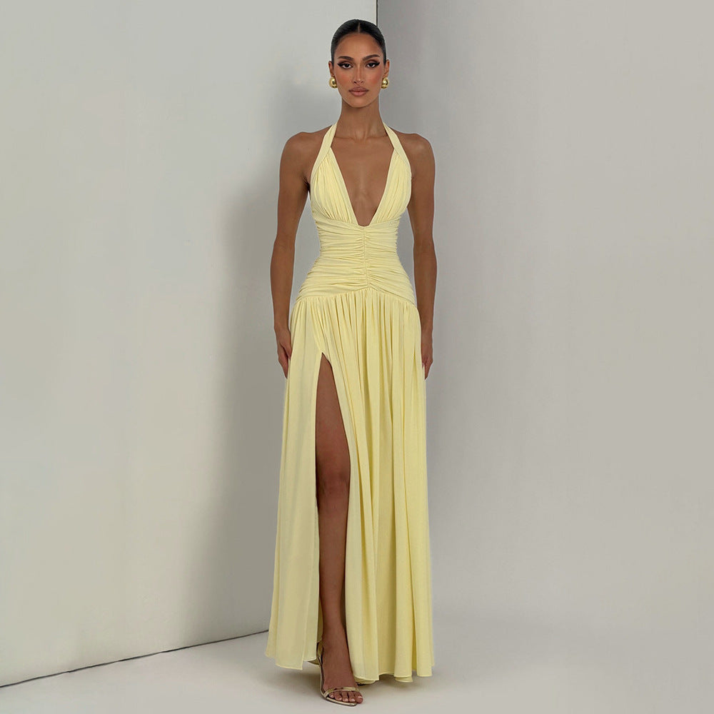 Halter neckline with deep V-back Backless dress