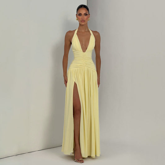 Halter neckline with deep V-back Backless dress