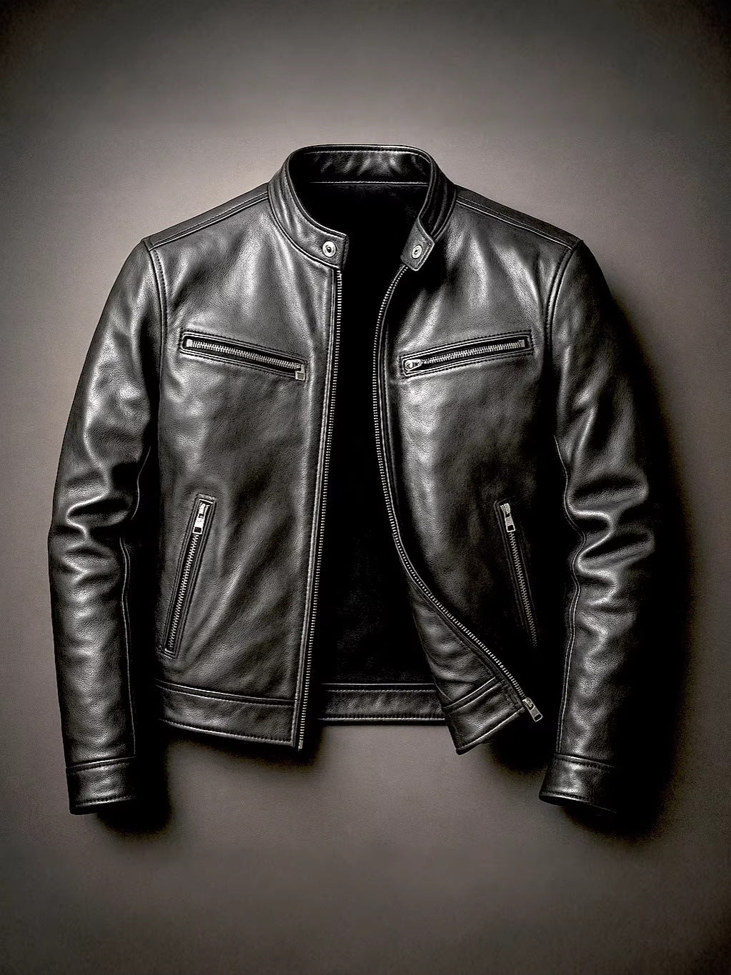 Mens PU Leather Stand Collar Jacket
