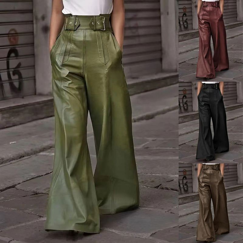 Pantalones de cuero PU acampanados de cintura alta 