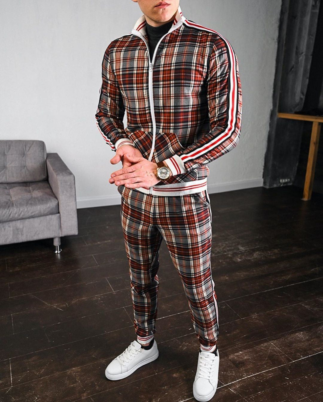 Men's Plaid Zipper Jacket and Pants Casual Sport Suit