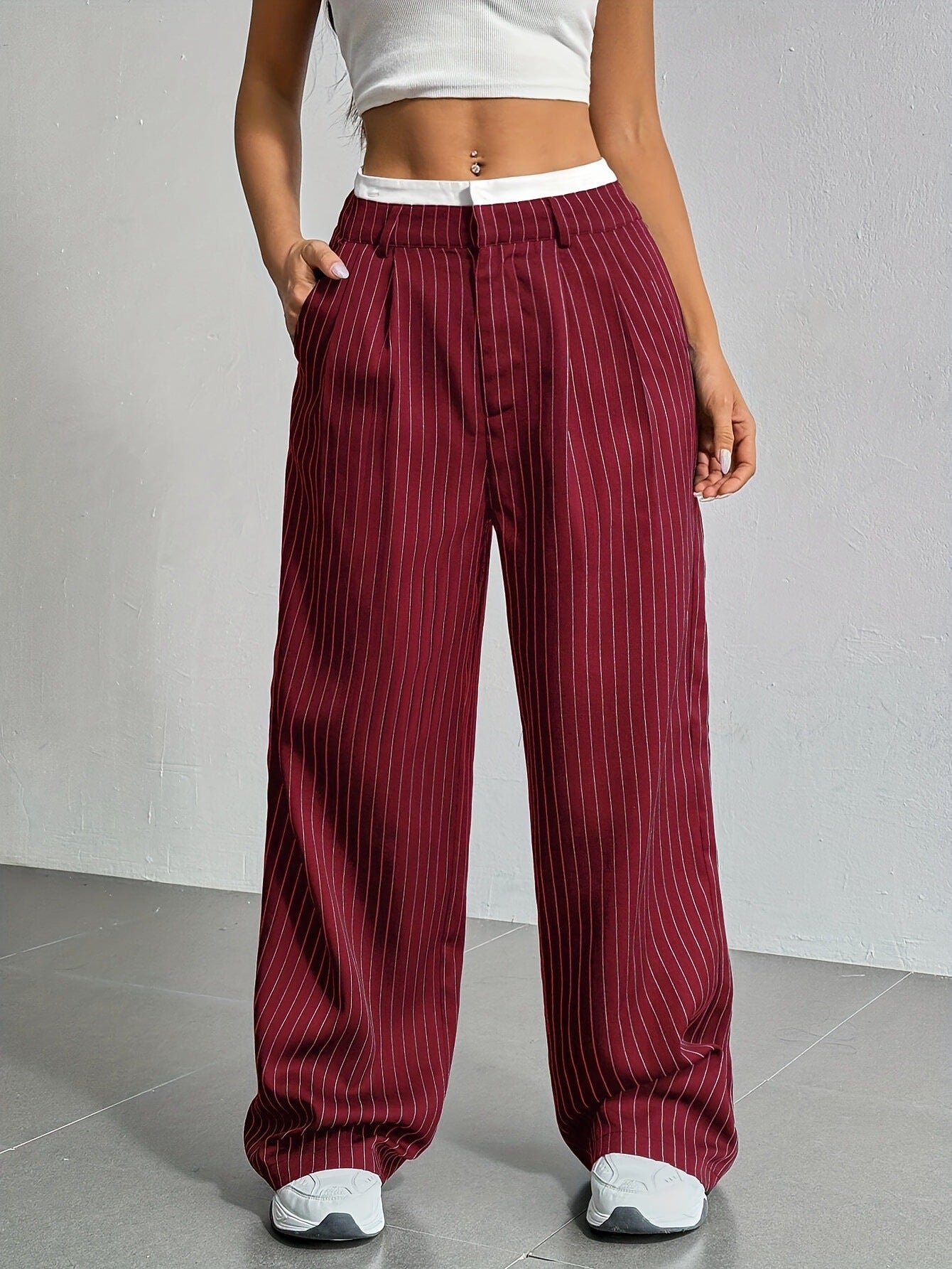 Pantalones de pernera recta a rayas de cintura alta