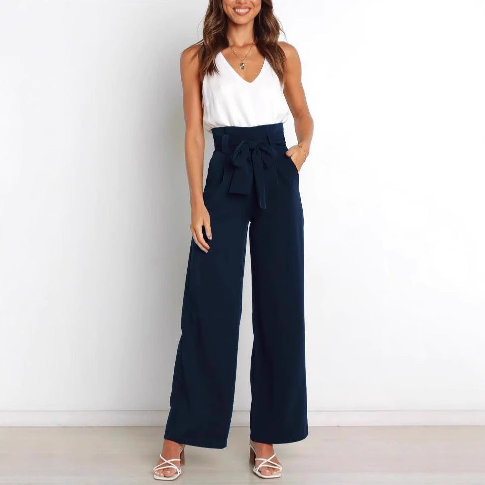 Wide-leg high-waisted lace-up dress pants woman