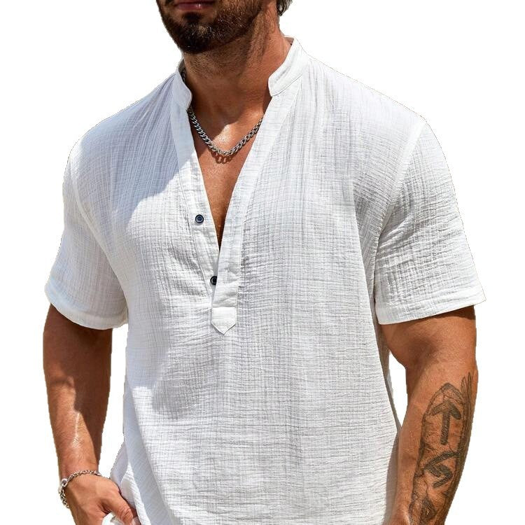 Solid color breathable stand collar short-sleeved shirt