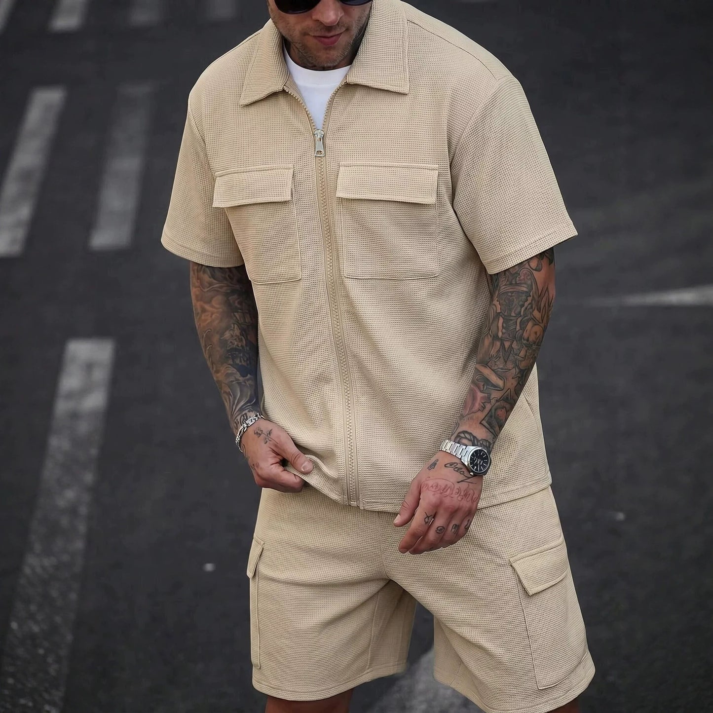 Mens Waffle Zipper Cardigan Shorts Set