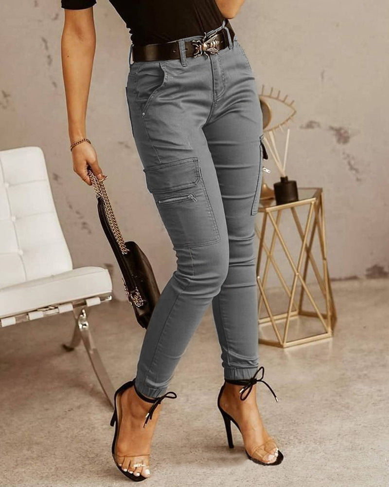 Women's Cotton Cargo Pants with Mid-Rise Waist