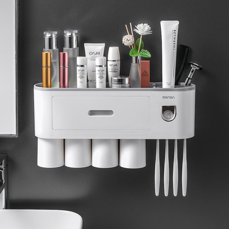 Wall-Mounted Toothbrush Cup Holder with Mouthwash Cup and Toothpaste Dispenser