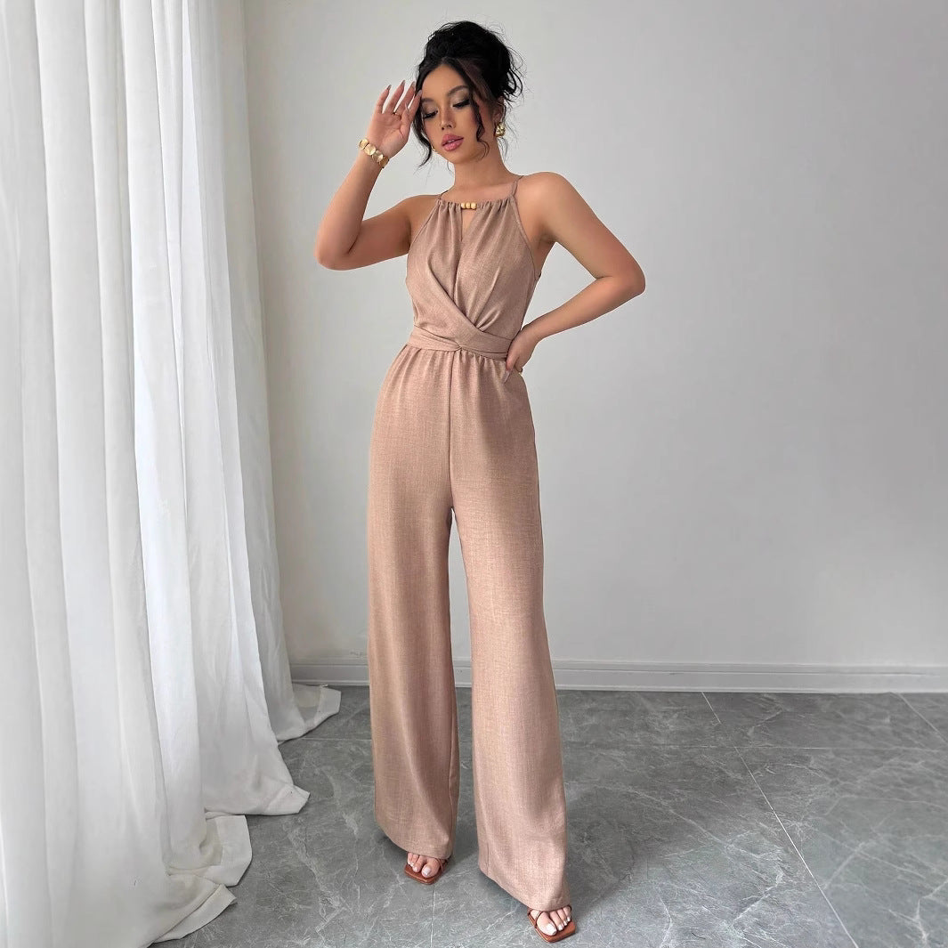 Khaki Pleated Off-Shoulder Jumpsuit