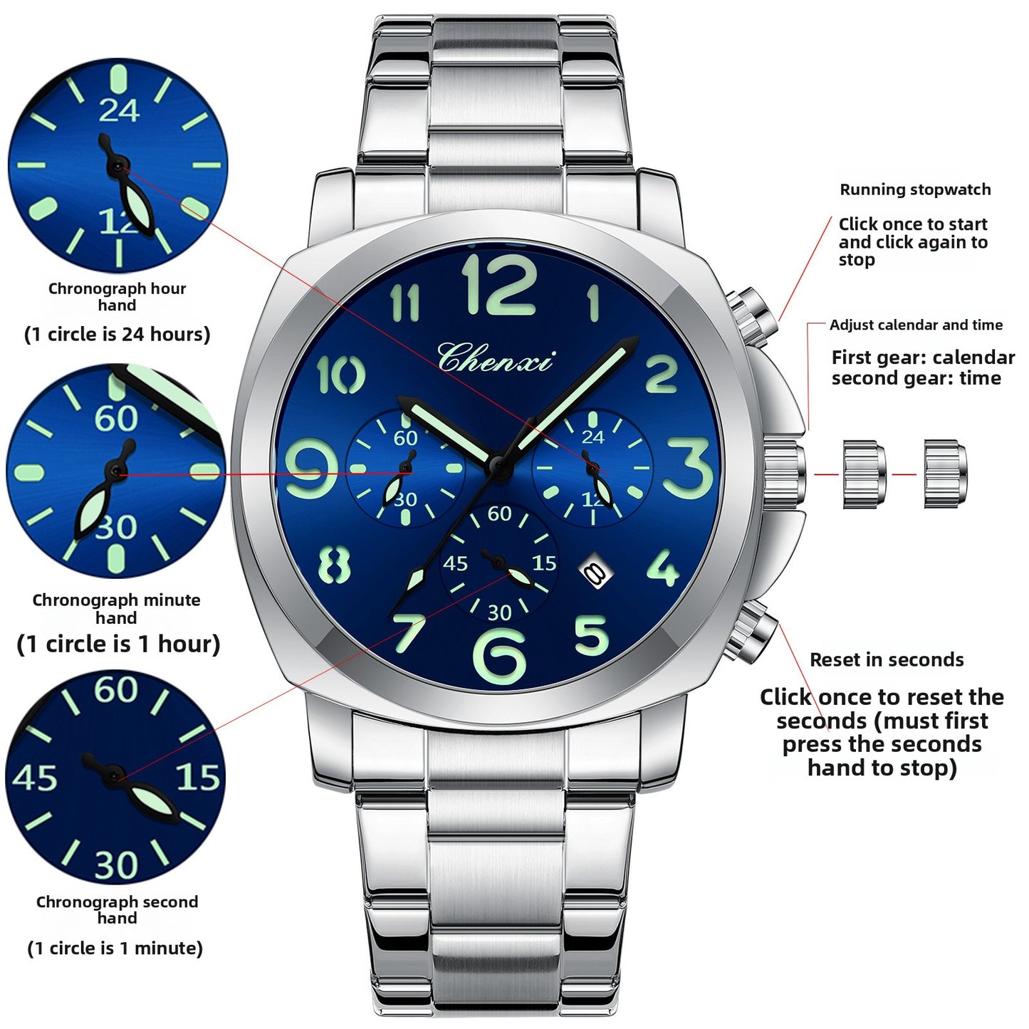 Multifunctional Mens Watch with Luminous Dial