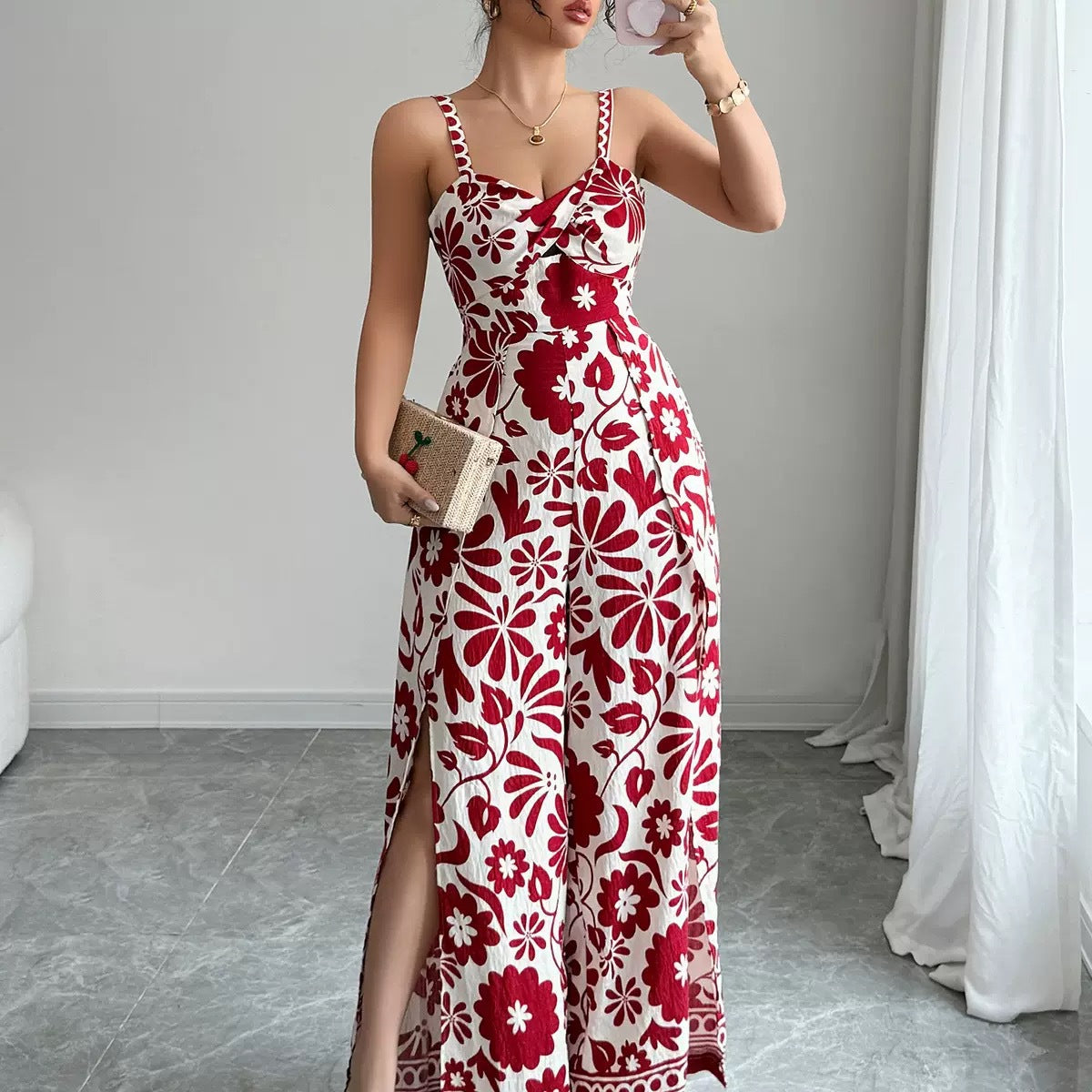 Elegant Printed Backless Wide-Leg Jumpsuit