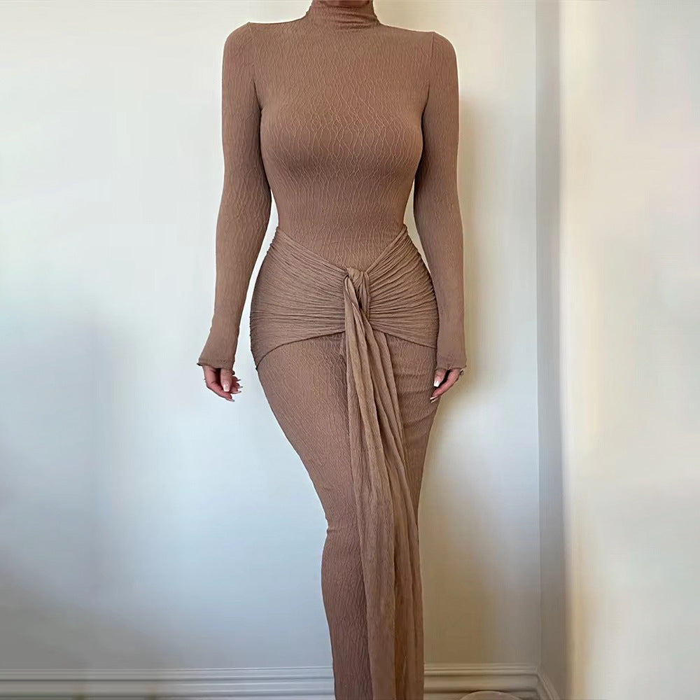 Long-Sleeve Solid-Color Fashionable and Sexy Pleated Fitted Long Dress