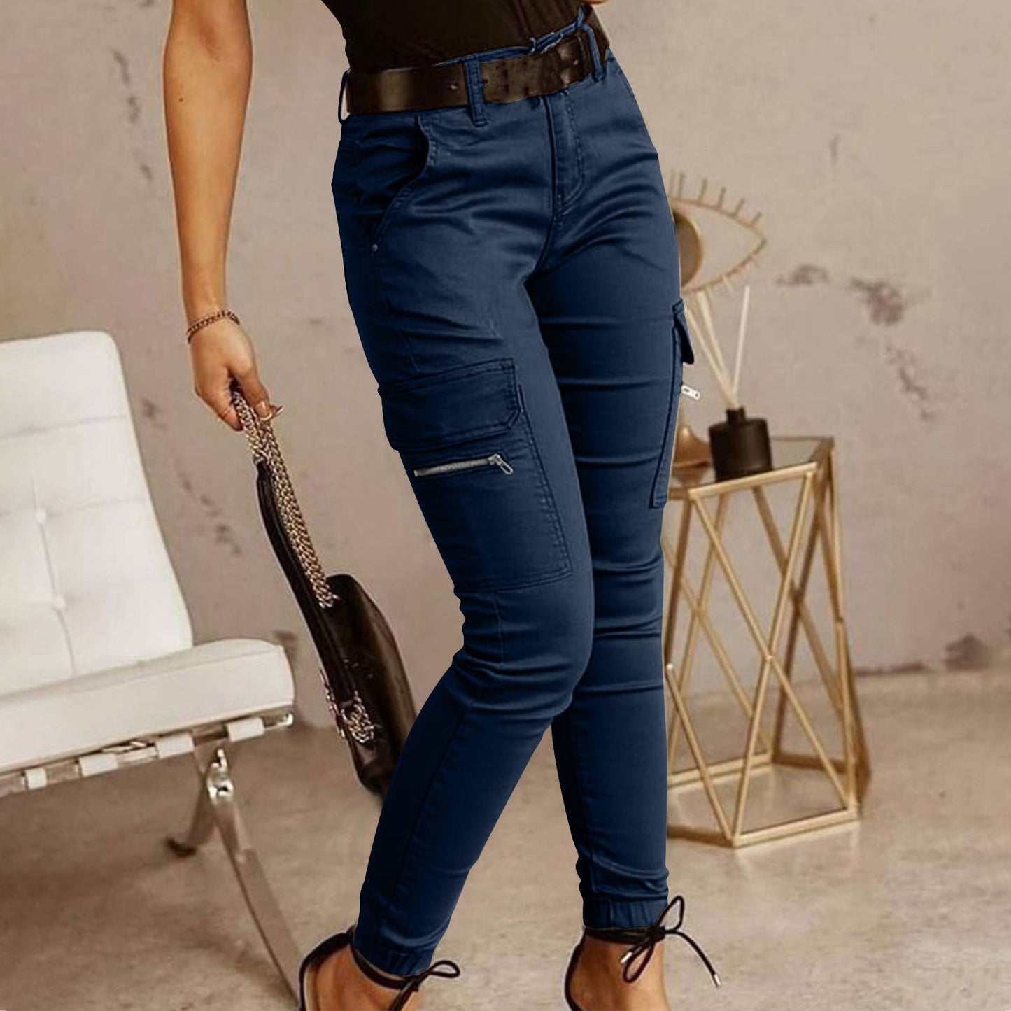 Women's Cotton Cargo Pants with Mid-Rise Waist