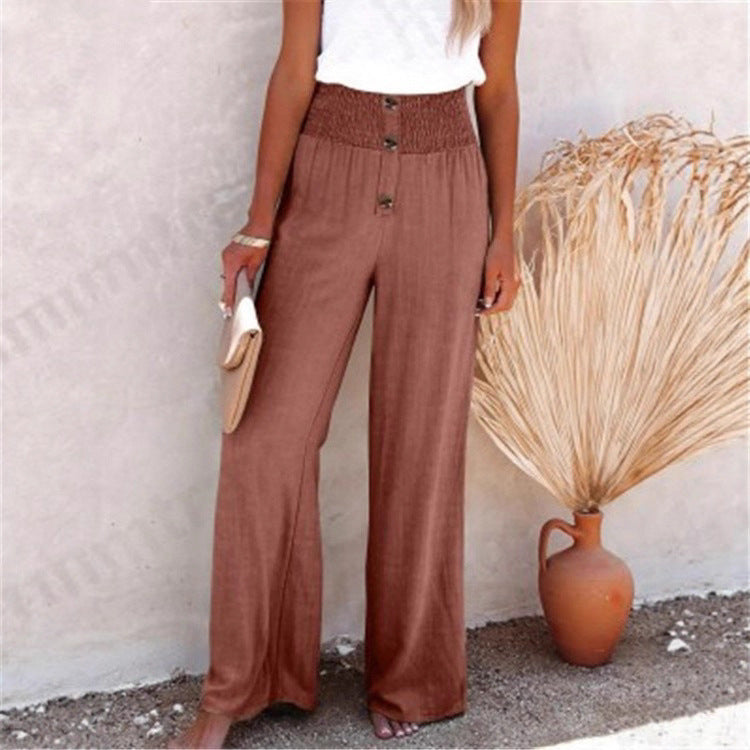 Pantalones casuales de pierna ancha de algodón y lino para mujer 