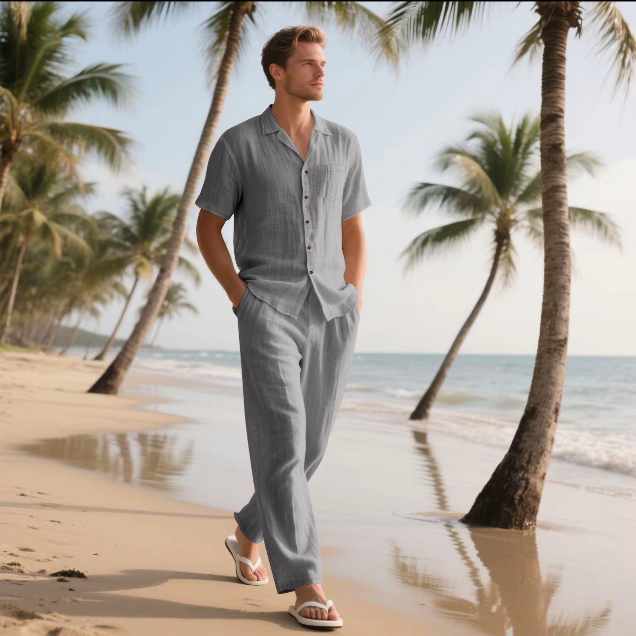 Men's Linen Short Sleeve Shirt and Trousers