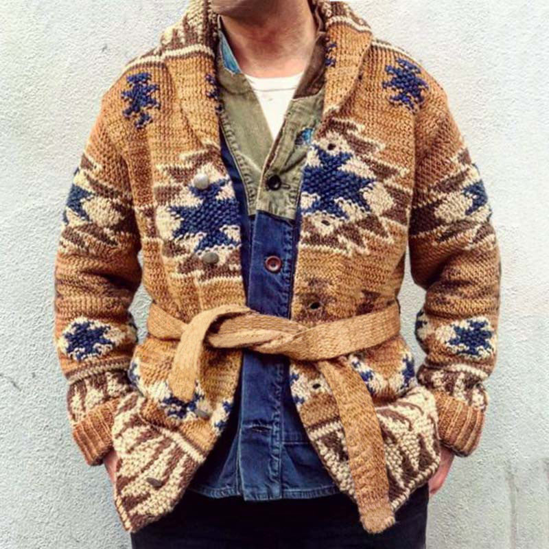 Cross-Border Men's Heavy-Duty Jacquard Sweater Amazon Autumn and Winter Thickened Cardigan Lace-Up Knit Sweater Jacket