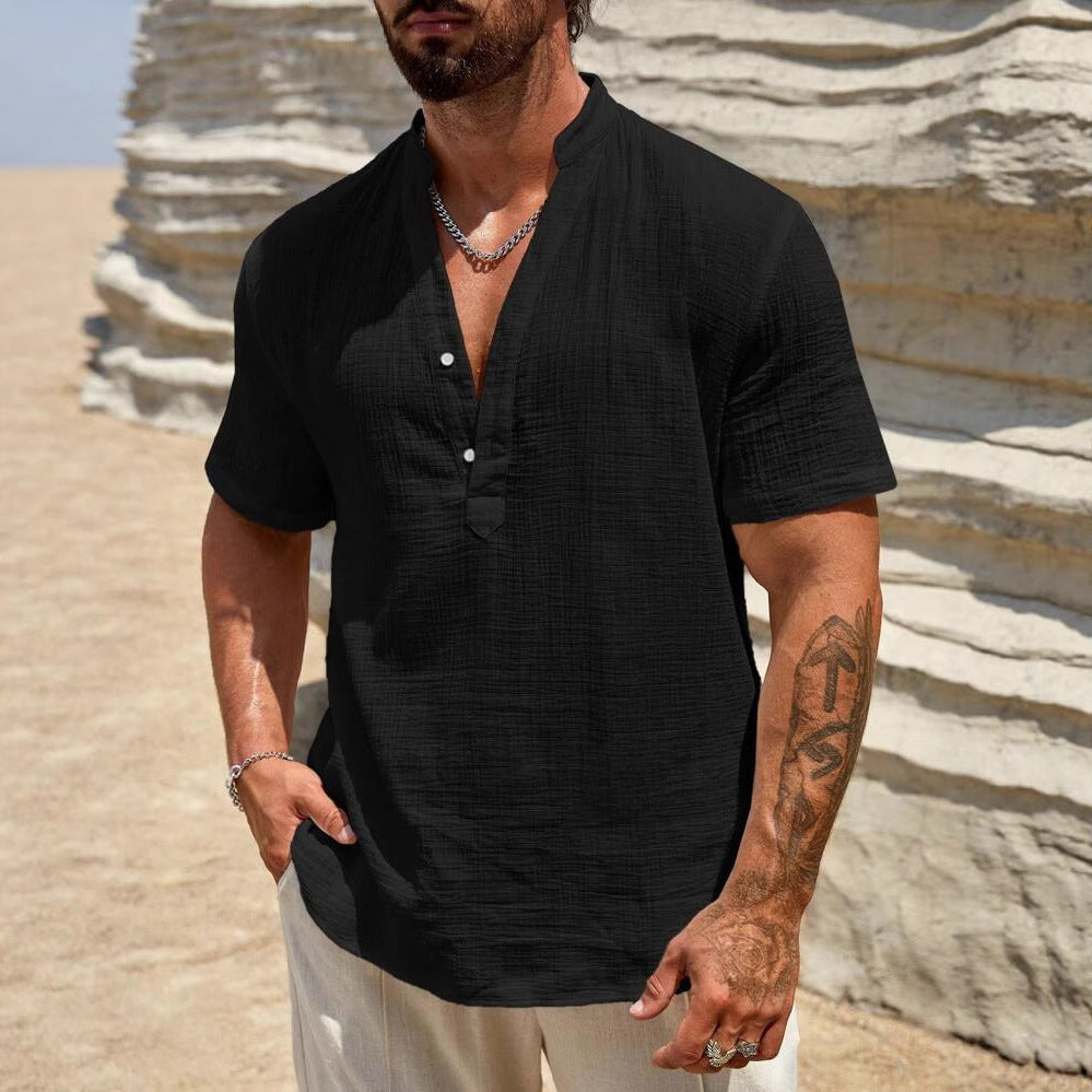 Solid color breathable stand collar short-sleeved shirt