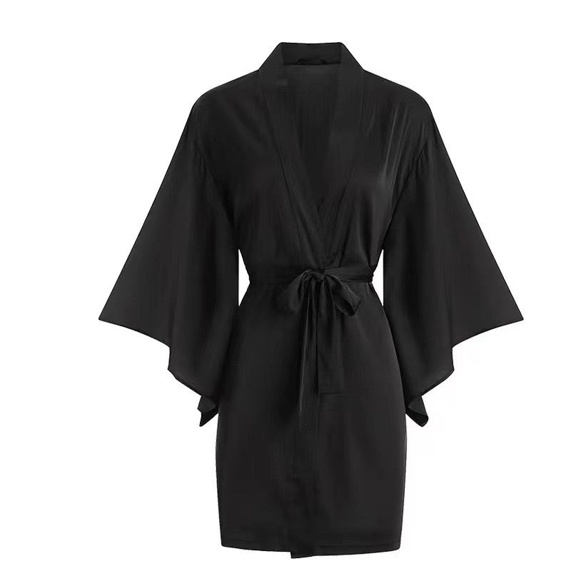 Lace Trim Ice Silk Pajama Set with Robe
