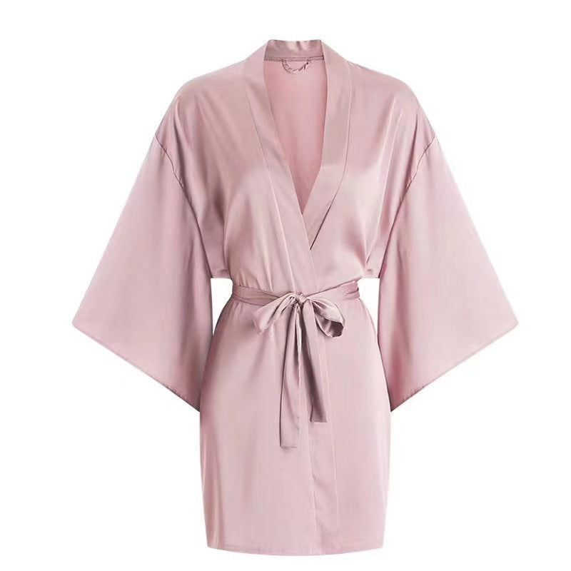 Lace Trim Ice Silk Pajama Set with Robe