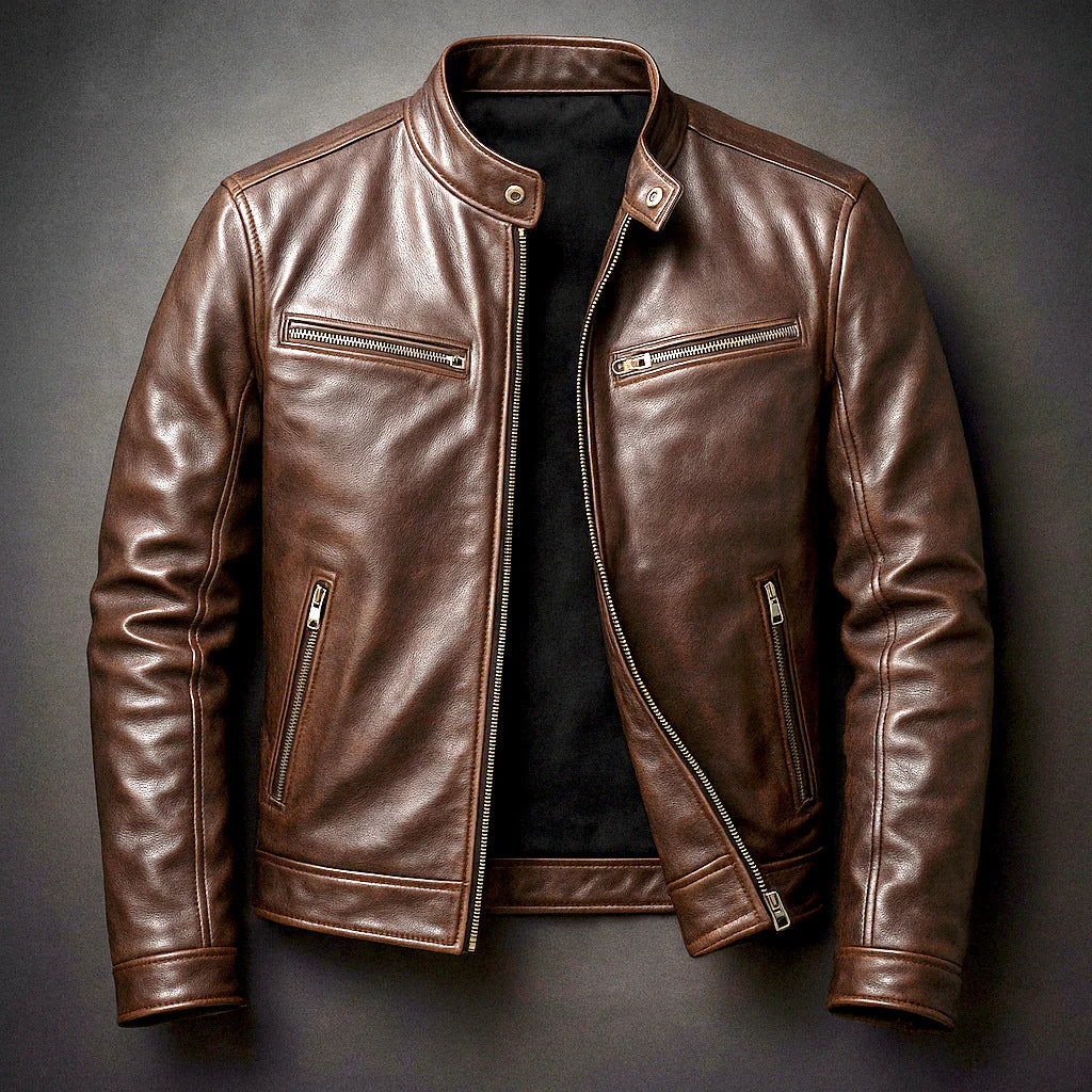 Mens PU Leather Stand Collar Jacket