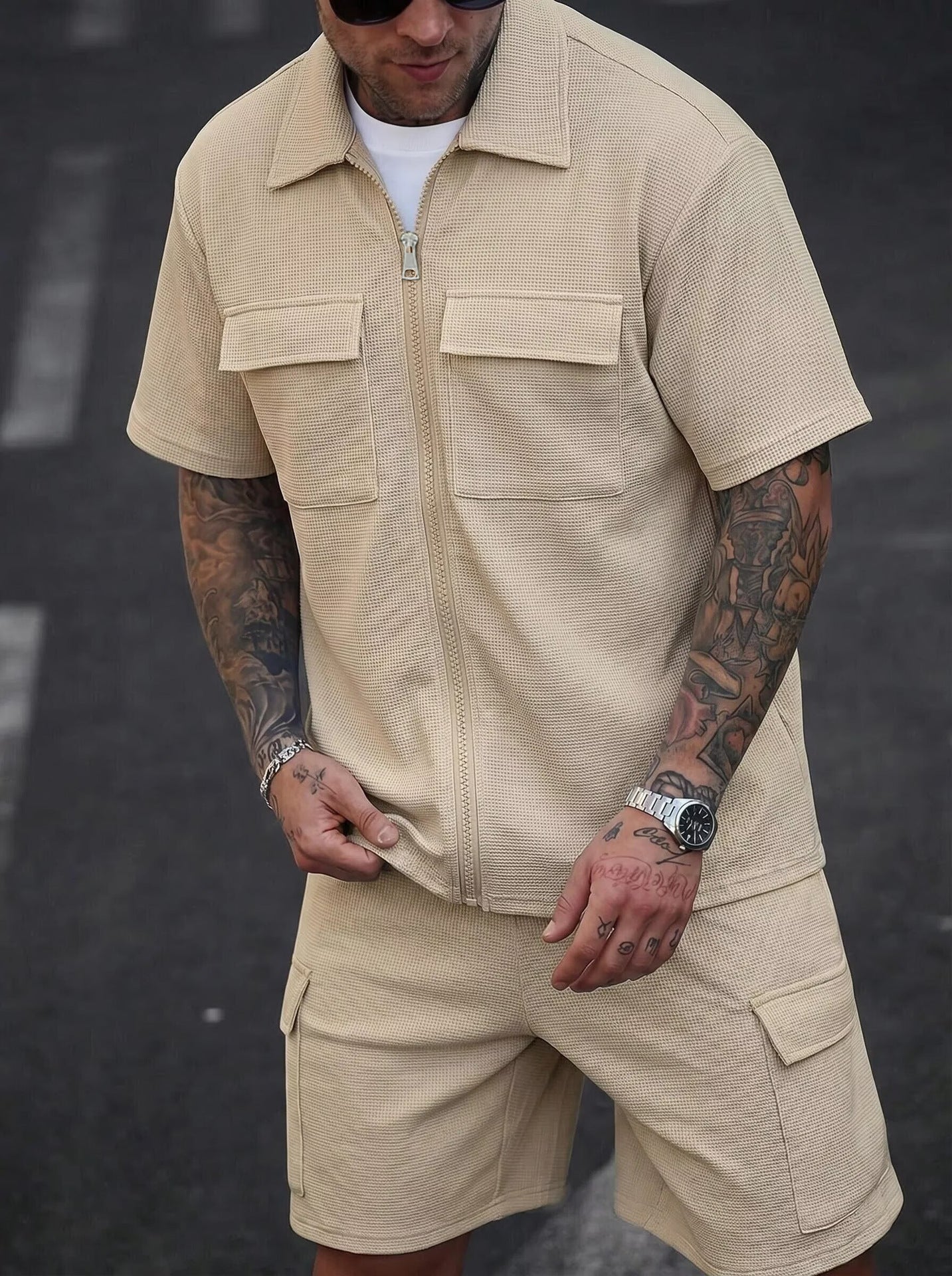 Mens Waffle Zipper Cardigan Shorts Set