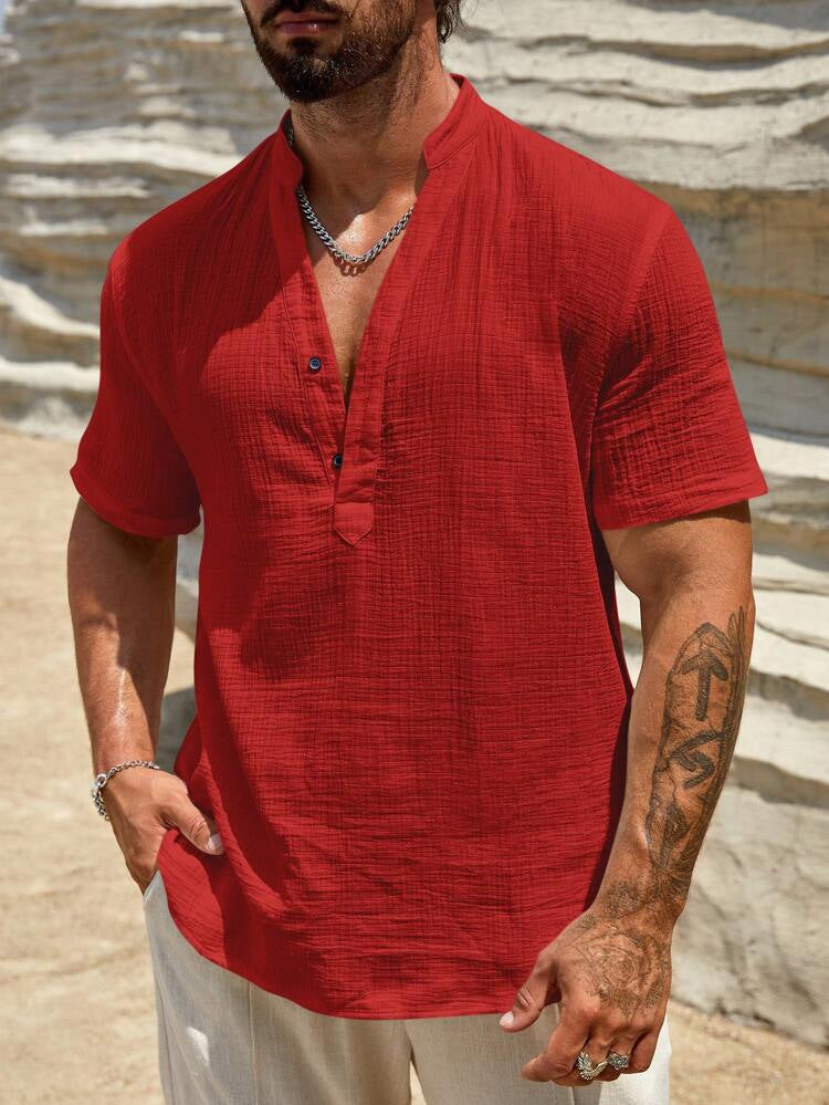 Solid color breathable stand collar short-sleeved shirt