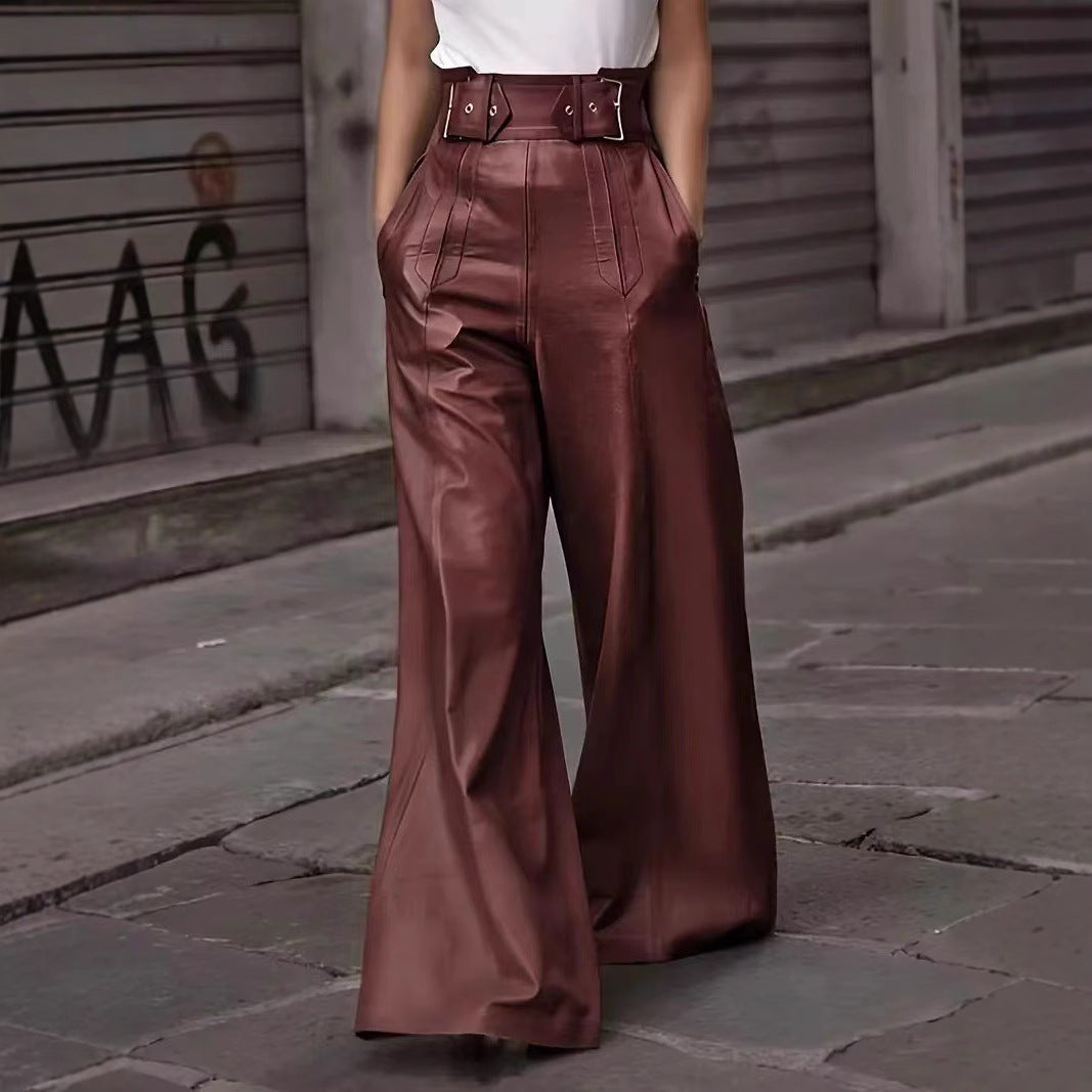 Pantalones de cuero PU acampanados de cintura alta 