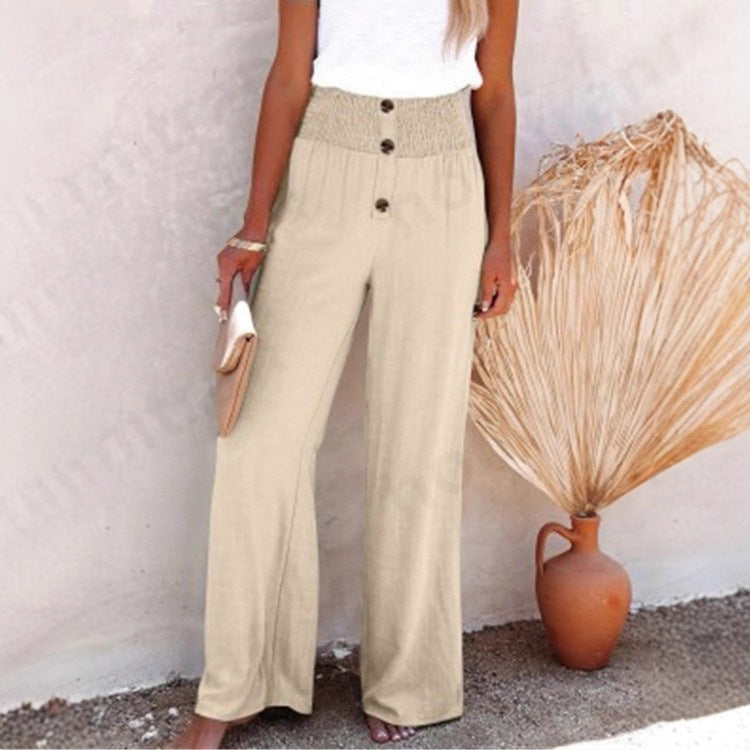 Pantalones casuales de pierna ancha de algodón y lino para mujer 