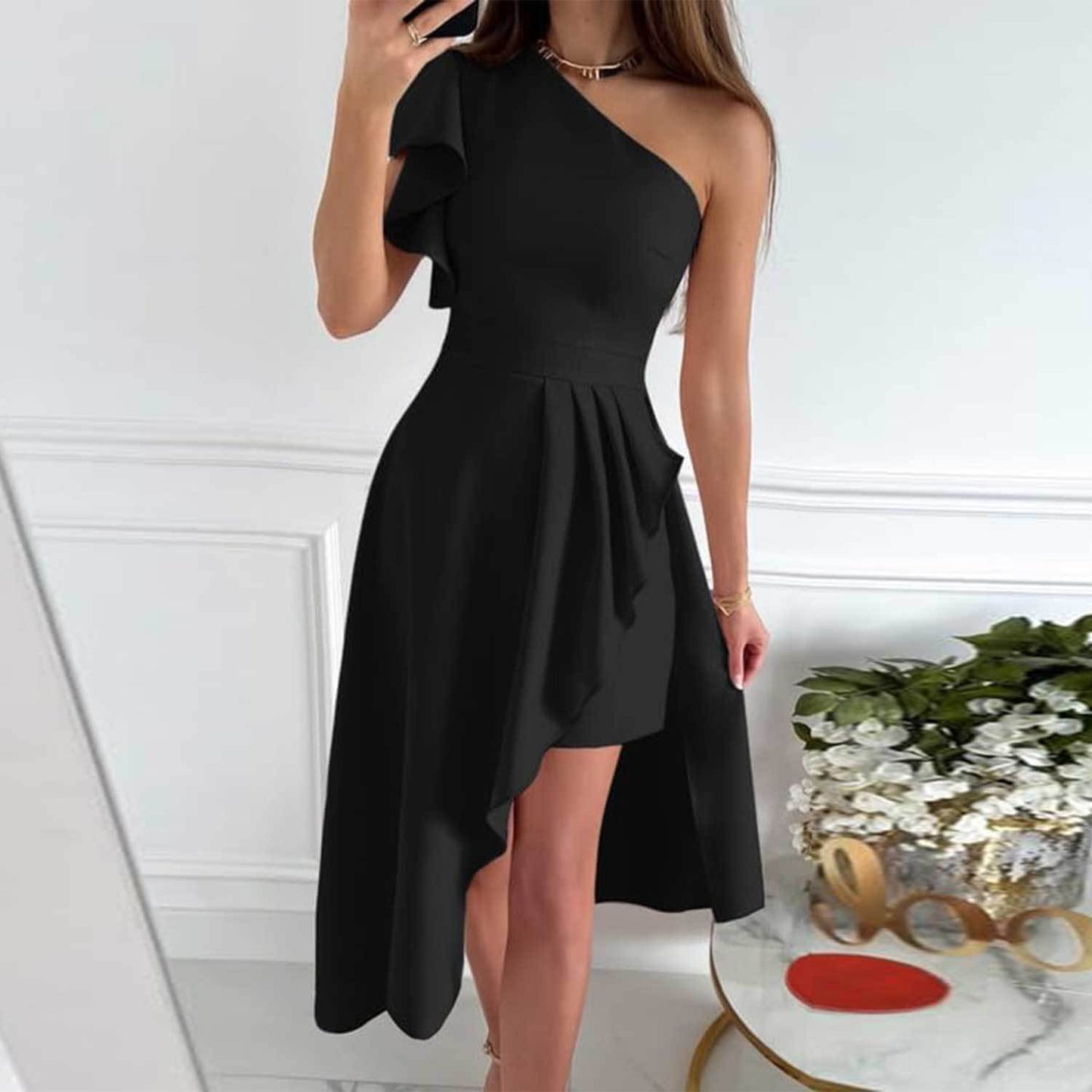 One Shoulder Pleated Evening Dress