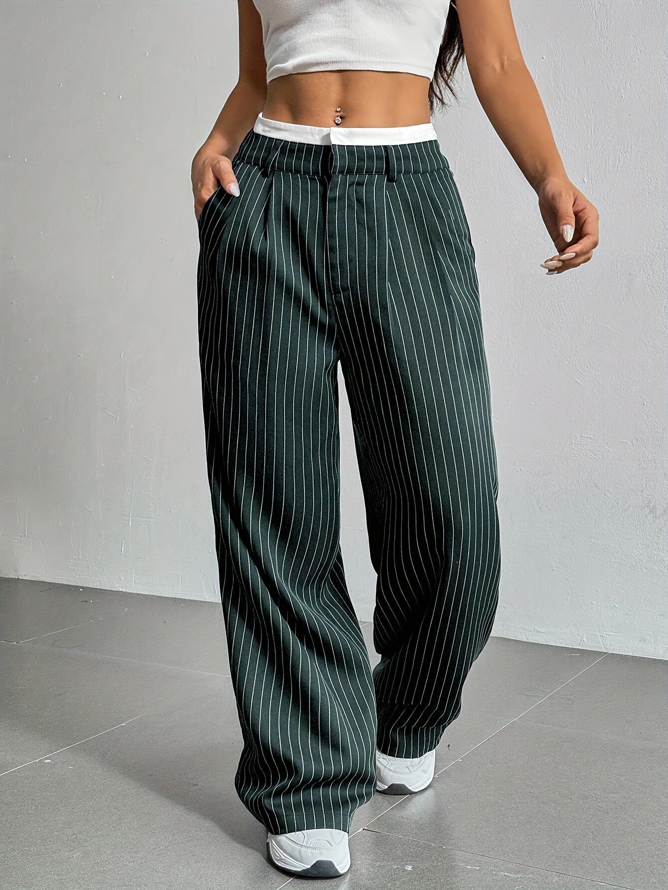 Pantalones de pernera recta a rayas de cintura alta