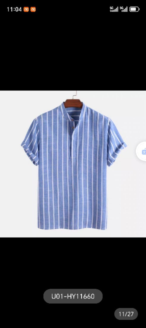 Men's Stand Collar Striped Short Sleeve Shirt