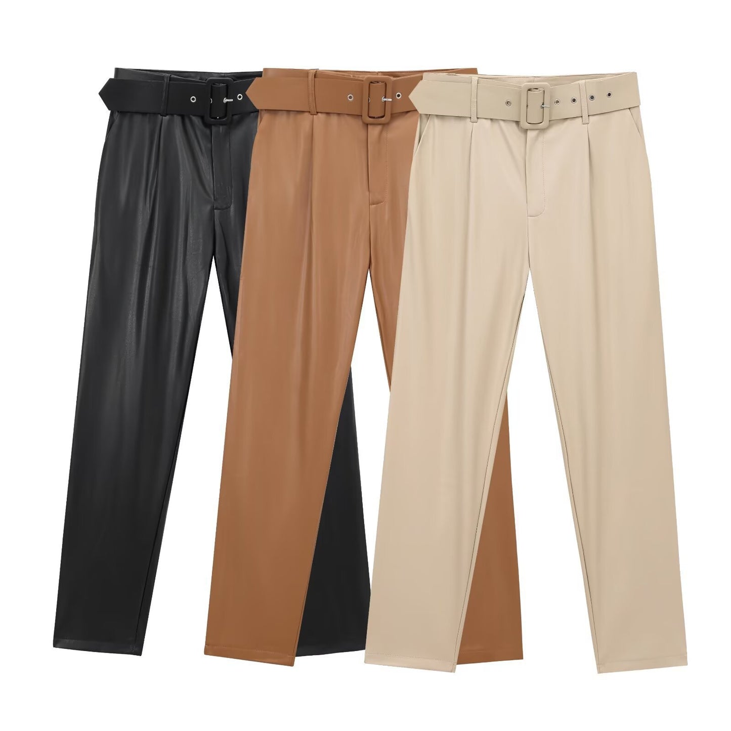 Pantalones de cuero con cinturón y cintura alta para mujer 