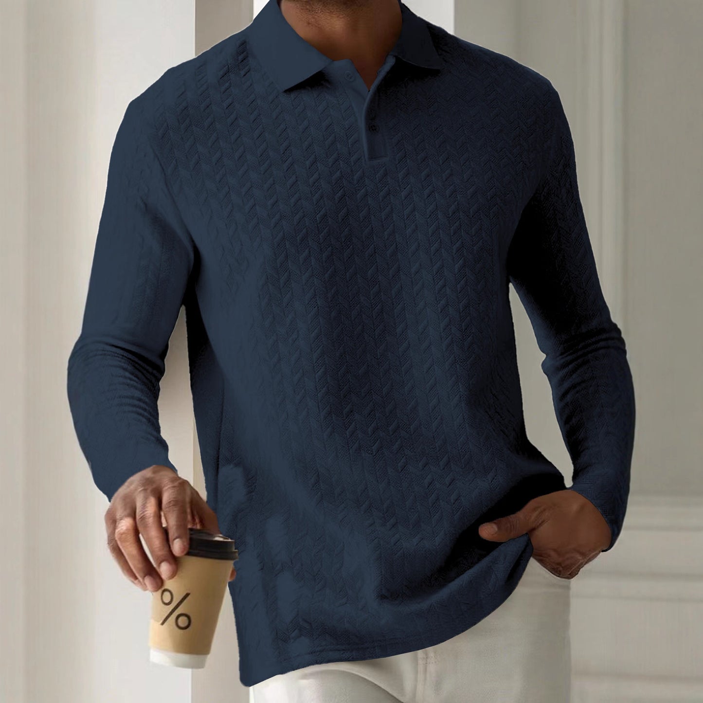 Mens Textured Long Sleeve Polo Shirts