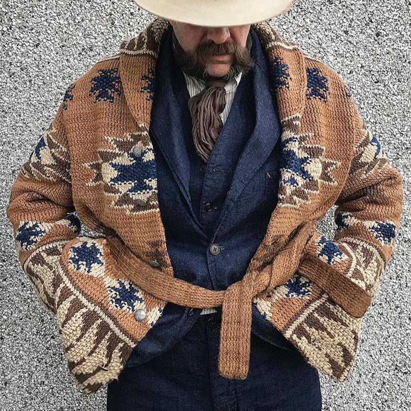 Cross-Border Men's Heavy-Duty Jacquard Sweater Amazon Autumn and Winter Thickened Cardigan Lace-Up Knit Sweater Jacket