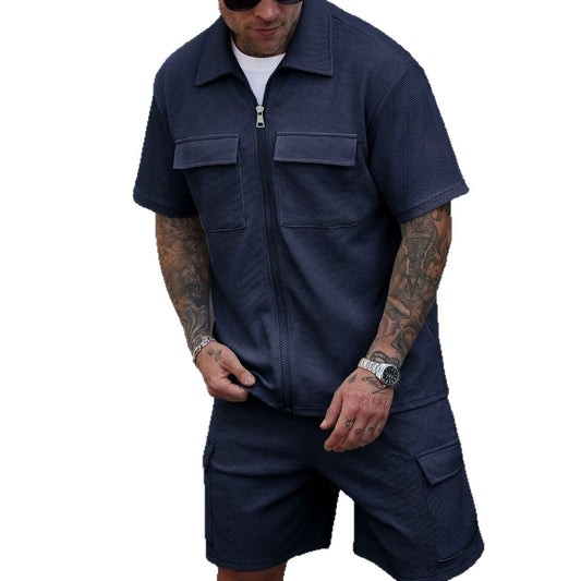 Mens Waffle Zipper Cardigan Shorts Set