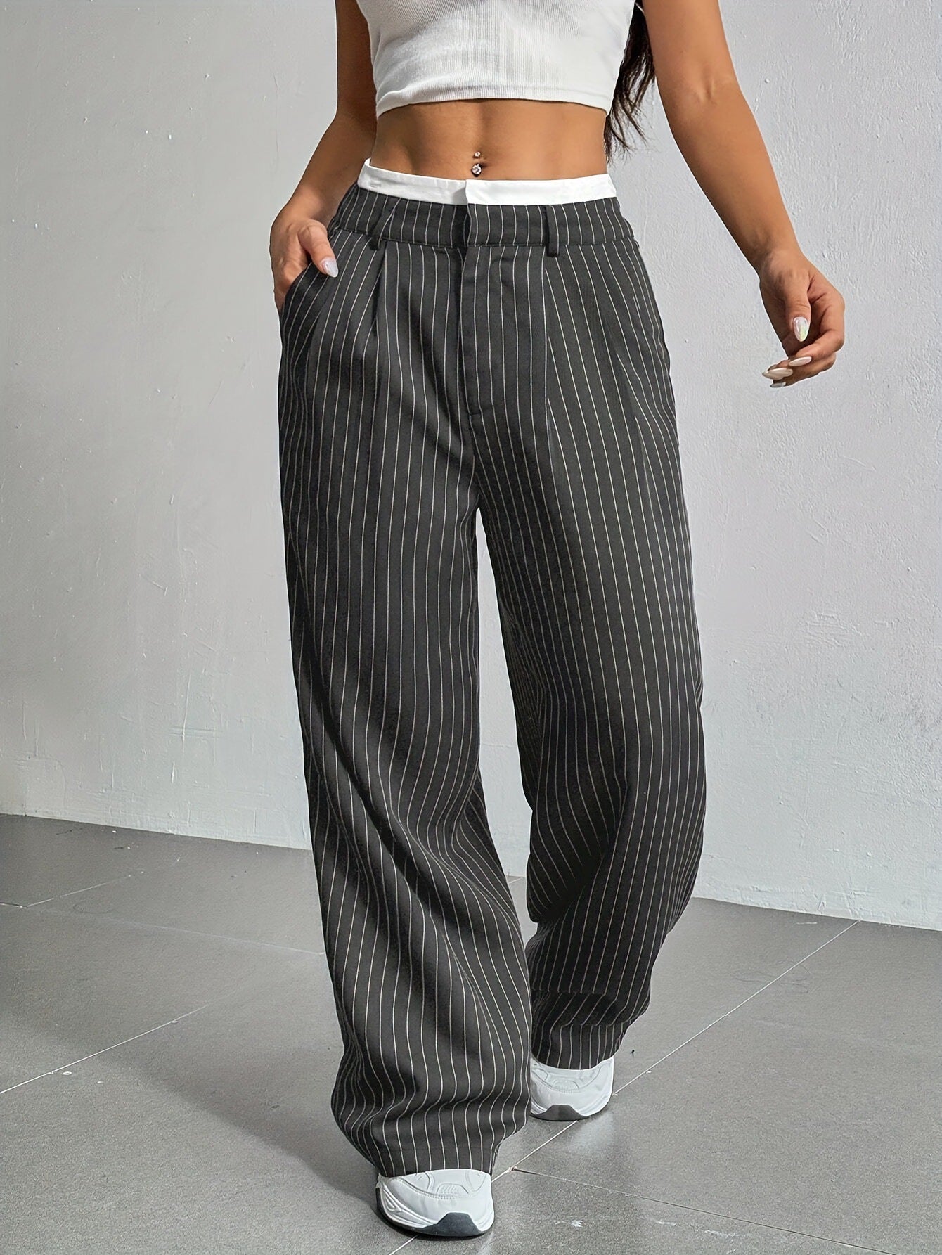 Pantalones de pernera recta a rayas de cintura alta