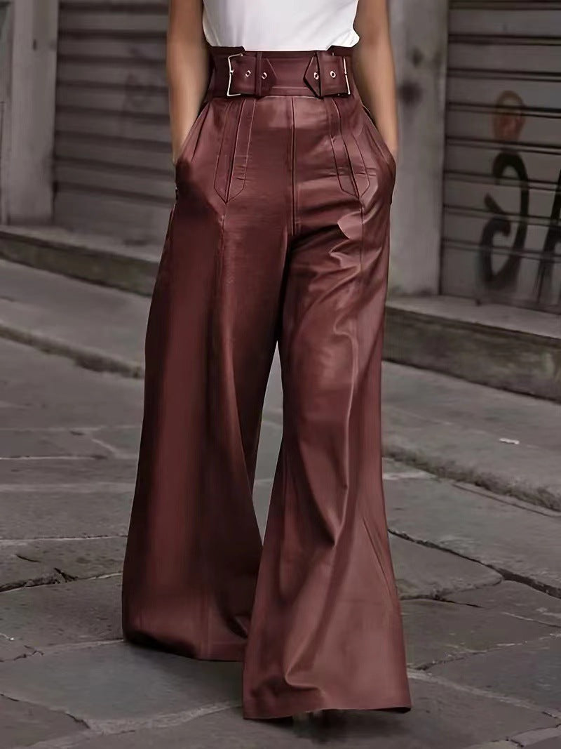 Pantalones de cuero PU acampanados de cintura alta 