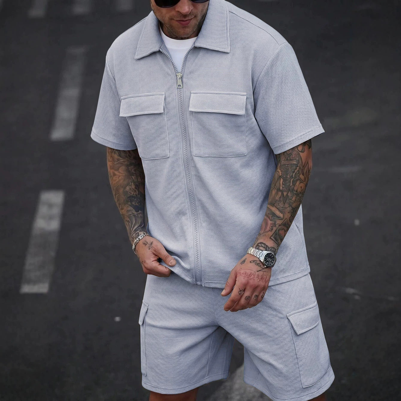 Mens Waffle Zipper Cardigan Shorts Set
