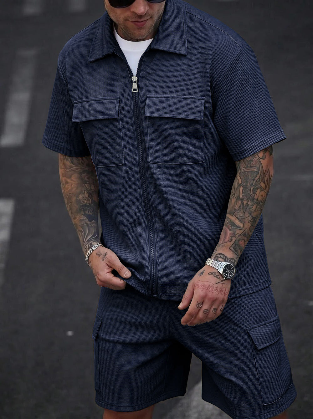 Mens Waffle Zipper Cardigan Shorts Set